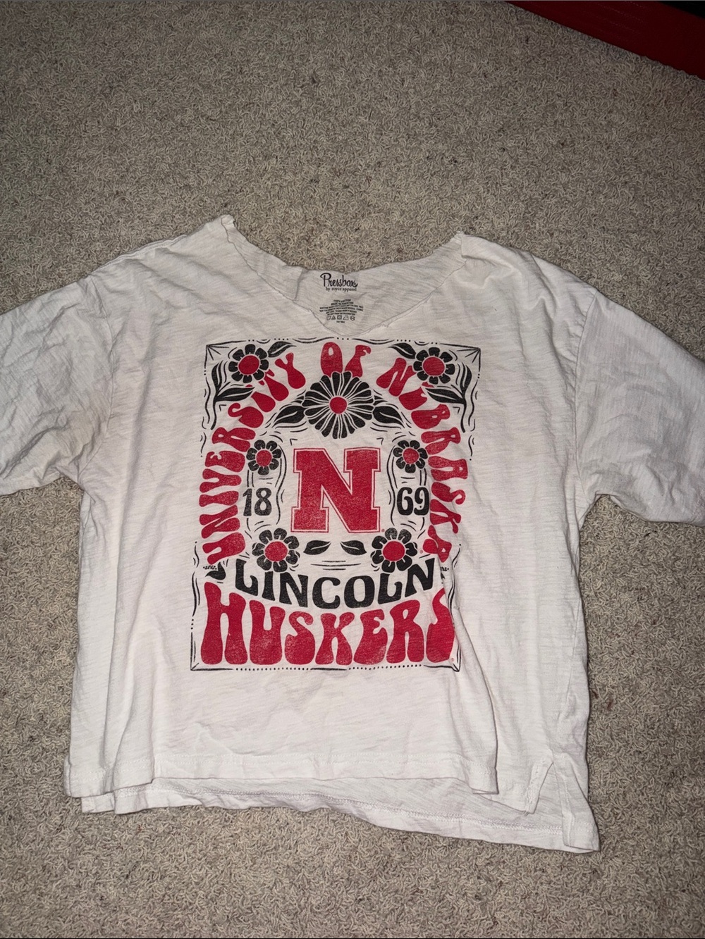 Huskers White Graphic Tee with Red & Black Print OFF THE SHOULDER or boat neck